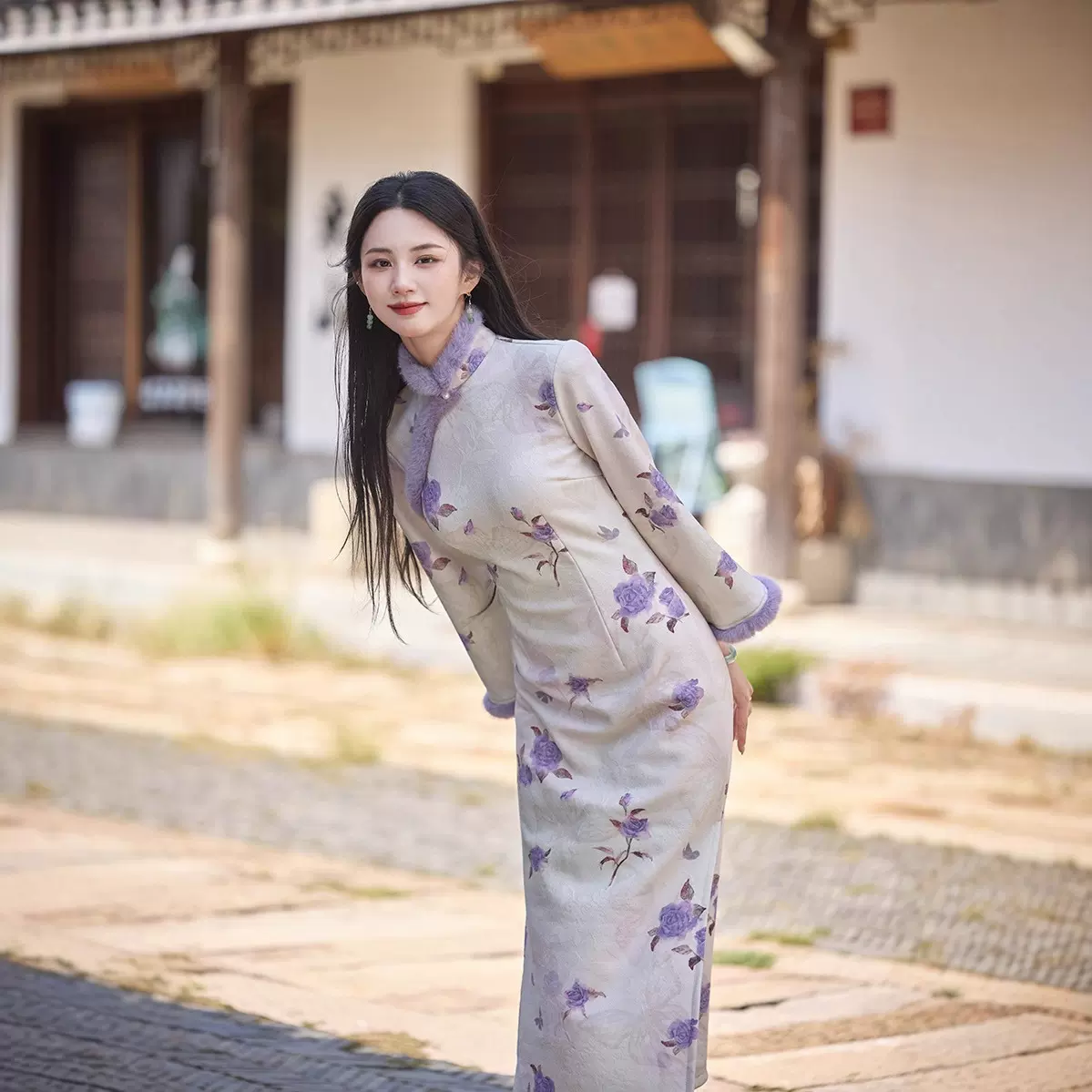 秋冬针织加绒长款印花毛领旗袍改良新中式年轻少女日常中国风旗袍