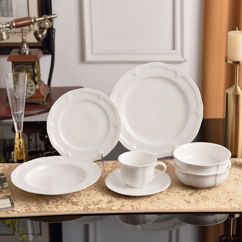 German Pure White Rococo Style Coffee Cup and Saucer, Tea Cup, Dinner Plate, Rice Bowl, Salad Bowl, Tableware Home Set