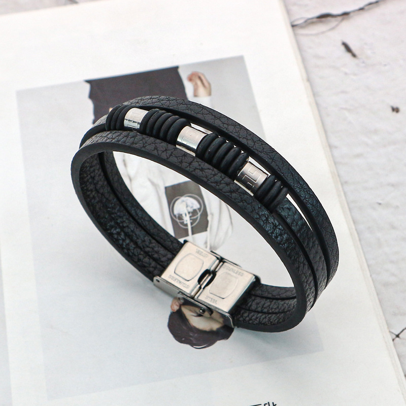 European and American men's stainless steel buckle leather rope bracelet multi-layer black leather woven titanium steel electroplated leather bracelet wholesale