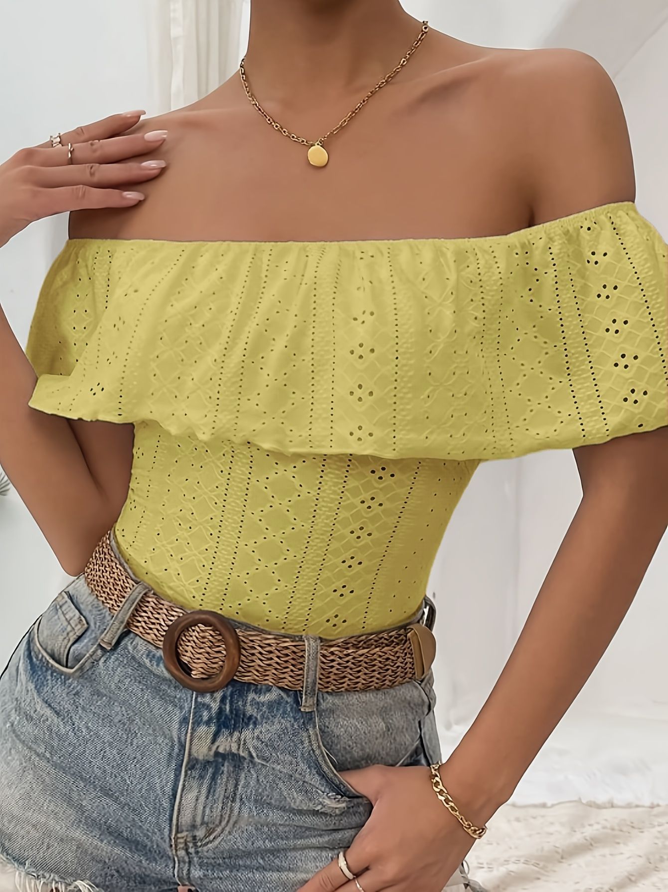 Sexy off the Shoulder Bodysuit for Women Hollowed out Jacquard Ruffle Details Bestseller Women's Jumpsuits And Rompers_ecoleips.com