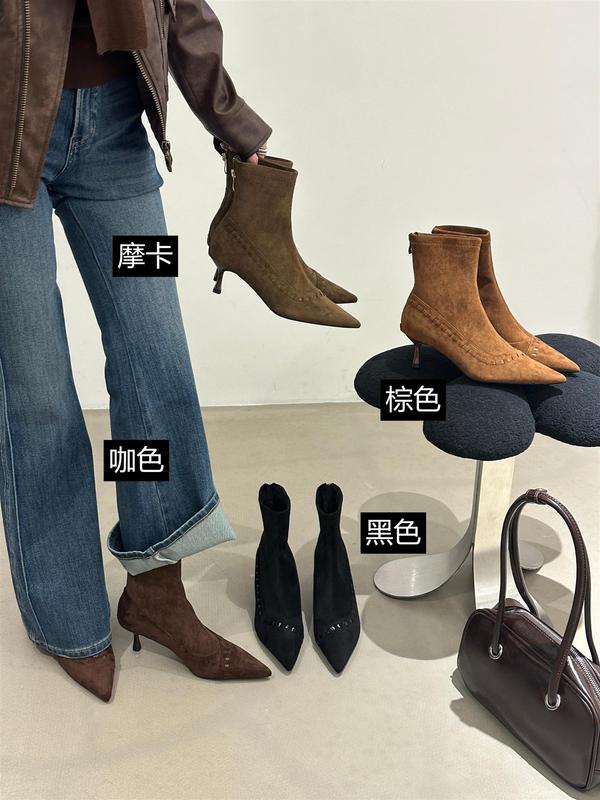 2025新款绒面高跟女法式日常显瘦短靴弹力时装靴子网红瘦瘦靴单靴|undefined
