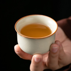 米黄汝窯家庭用主人杯陶磁器小茶杯単杯個人専用茶具品茗杯単杯茶碗