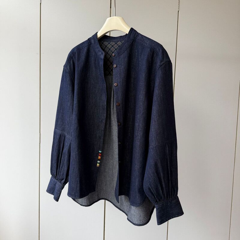 Autumn atmosphere, hand-sewn! Hemp + cotton round-neck multi-button lightweight loose slimming long-sleeve women's autumn shirt Autumn atmosphere, hand-sewn! Hemp + cotton round-neck multi-button lightweight loose slimming long-sleeve women's autumn shirt