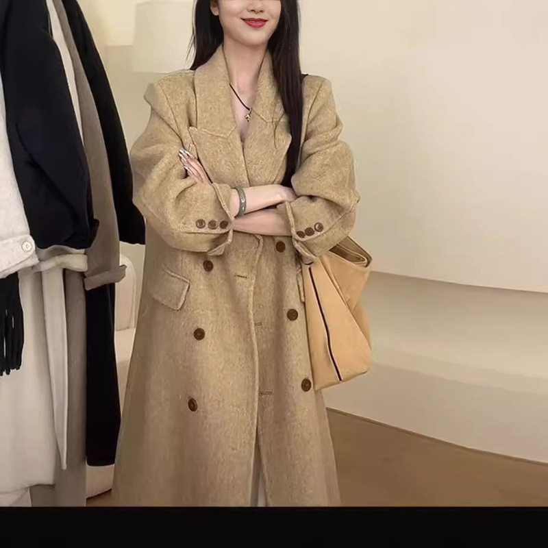 2025 New Herringbone Pattern Double-Breasted Wool Coat for Women, Over-The-Knee Extended Length, Slim-Fit Wool Outerwear