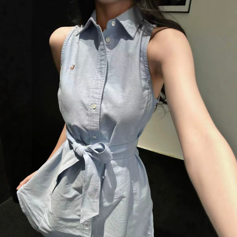 Scan the Qr Code for Rl Ralph Lauren Blue Dress 26 Summer Polo Collar Buttoned American-Style Shirt with Waist Tie Sleeveless Long Scan the Qr Code for Rl Ralph Lauren Blue Dress 26 Summer Polo Collar Buttoned American-Style Shirt with Waist Tie Sleeveless Long