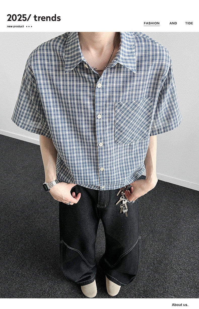 Herren Kurzarmhemd In Hellblau Kariert Lockere Passform Sommer_voghion.com
