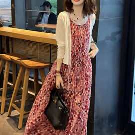 一件代发夏季新款连衣裙时尚气质吊带裤碎花长款裙子上衣女两件套