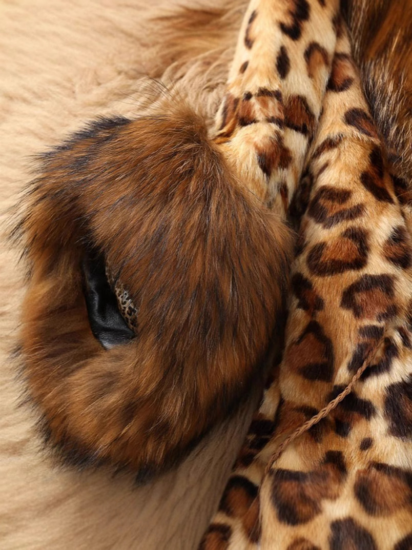 Cross-Border 2025 Autumn and Winter Fur Coat for Women, Mid-Length Leopard Print Faux Raccoon Fur Collar, Faux Fur Warm Coat, Light Luxury