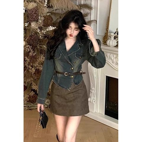 复古牛仔套装女港风长袖翻领衬衫秋季新款高腰显瘦包臀短裙两件套