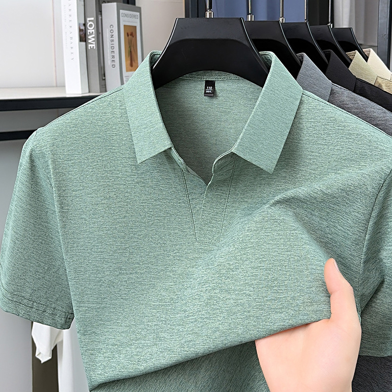 Cross-Border Summer New Style Seagull Collar Men's Short-Sleeved T-Shirt Quick-Drying Breathable V-Neck Solid Color Casual Half-Sleeved Polo Shirt for Men
