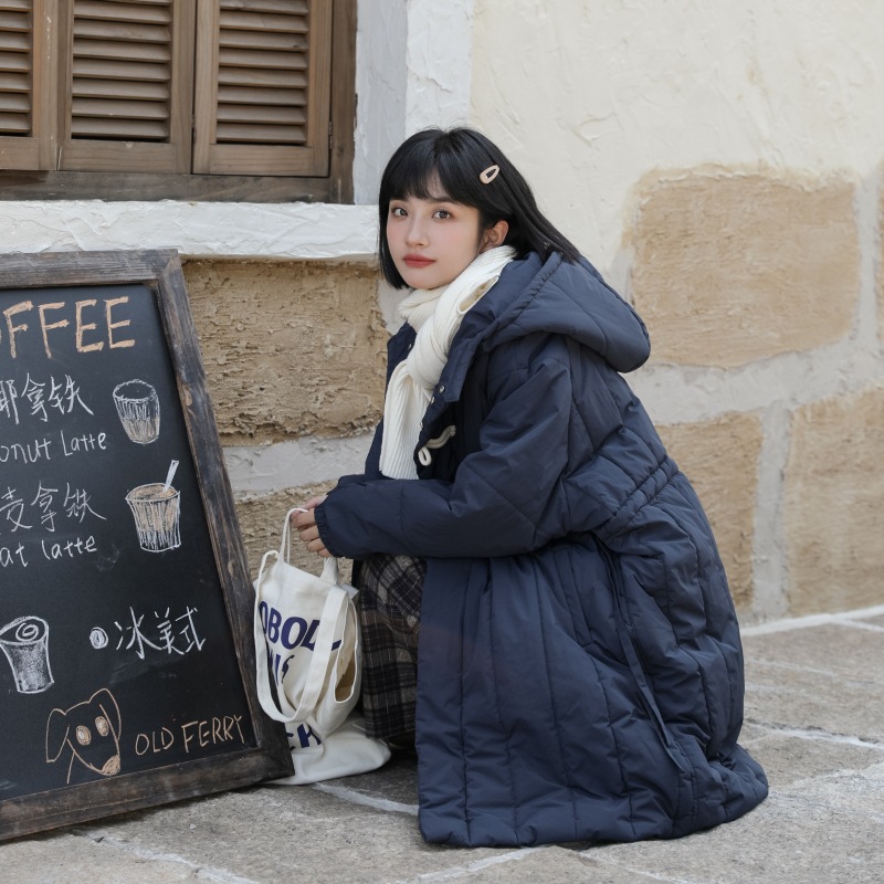 Mid-length Cotton Coat For Women Winter Korean Style Horn Button Design Hooded Waist Drawstring Cotton Coat