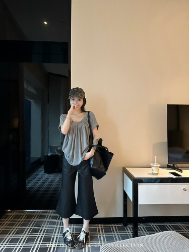 200g Cotton Pleated U-Neck Regular Shoulder Short-Sleeve Women's Han Style High-End Versatile Loose Slimming Top