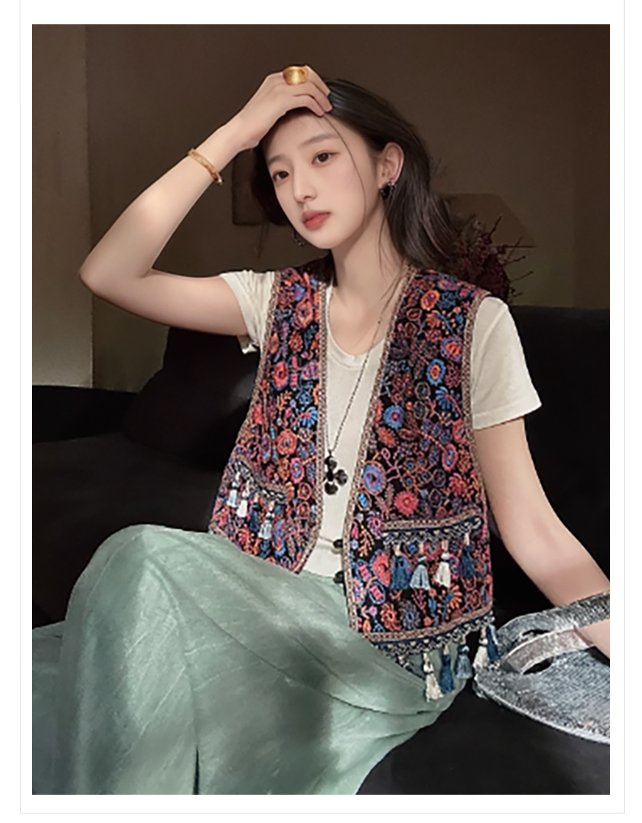 Áo vest không tay ngắn phong cách Trung Hoa thêu hoa tua rua ZX N4078 — Màu đỏ cam chi tiết 3