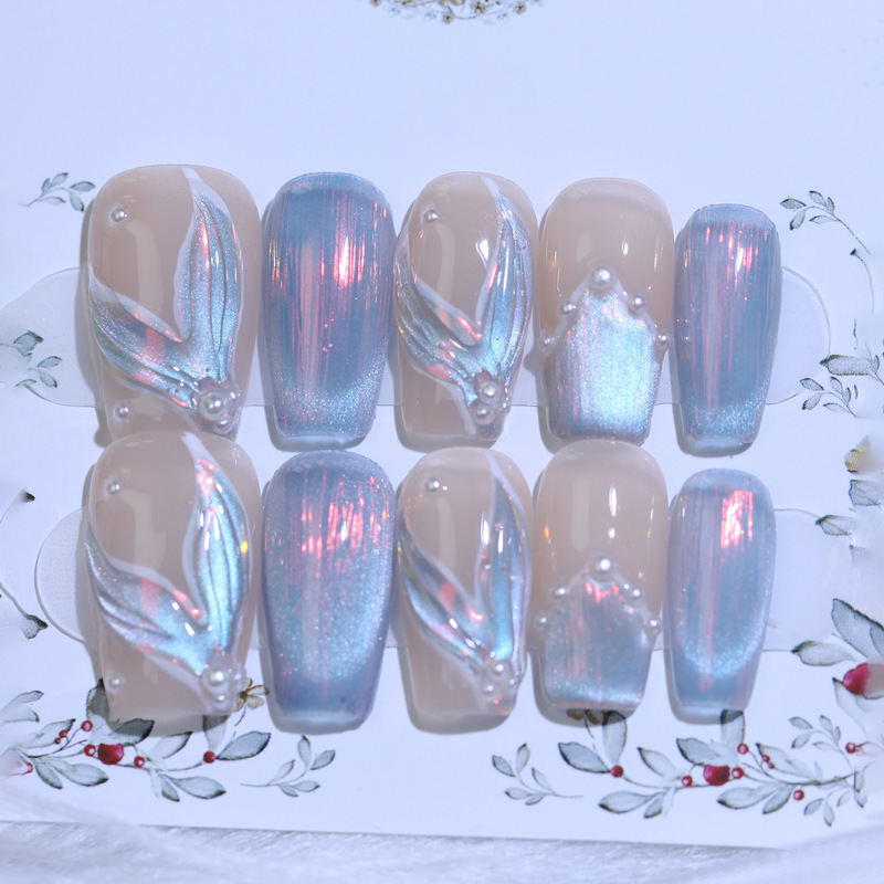 Colorful Aurora Mermaid Cat Eye French Hand-Painted 3D Handmade Wearable Nail Art Finished Product High-End False Nails Wholesale Colorful Aurora Mermaid Cat Eye French Hand-Painted 3D Handmade Wearable Nail Art Finished Product High-End False Nails Wholesale