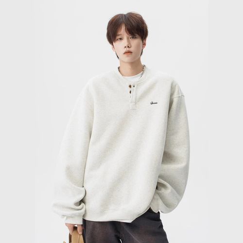 American-style embroidery Henry collar hoodie for men and women, winter loose warm and thick coat, youthful casual long-sleeved top