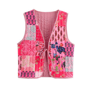 Summer New European and American Fashion Street Slim Printed Color Matching Lace-Up Thin Cotton Vest B69102