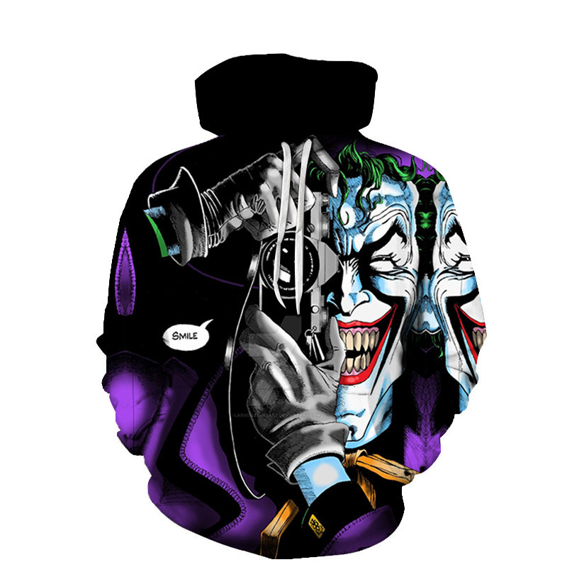 2024 Sudadera con capucha y cuello redondo suelto con estampado 3D de terror de payaso casual europeo y americano