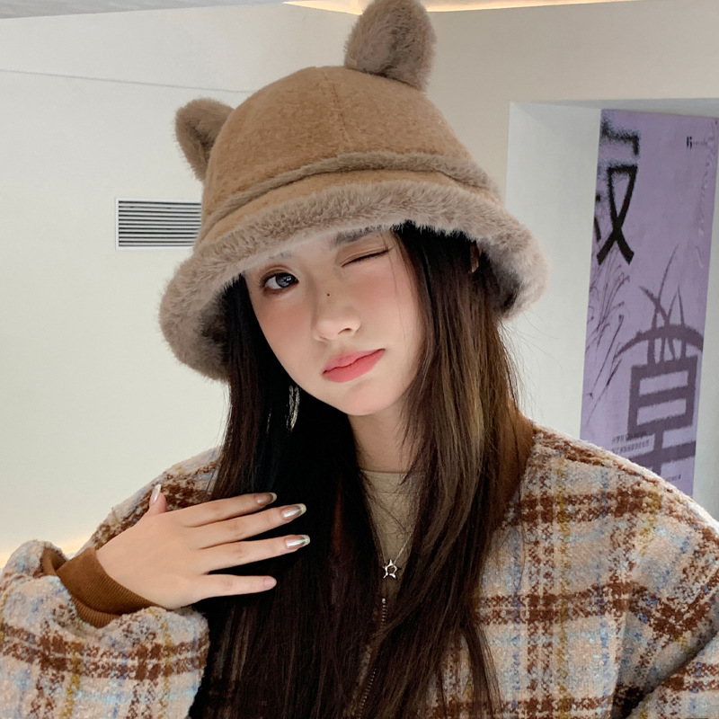 冬季新款帽子女日系可爱小熊盆帽毛线百搭渔夫帽护耳保暖一体帽潮|undefined