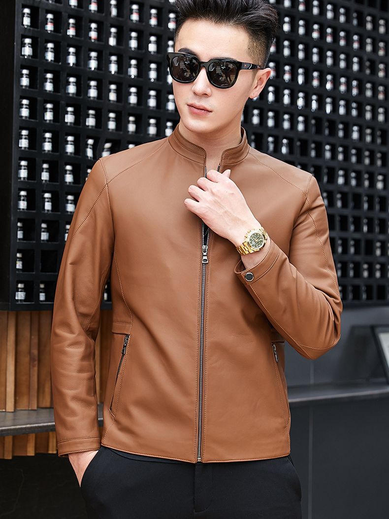 Haining Leather Jacket Spring and Autumn New Thin Genuine Leather Jacket for Middle-aged Men's Mat-gloss Style Collar Casual Leather Jacket