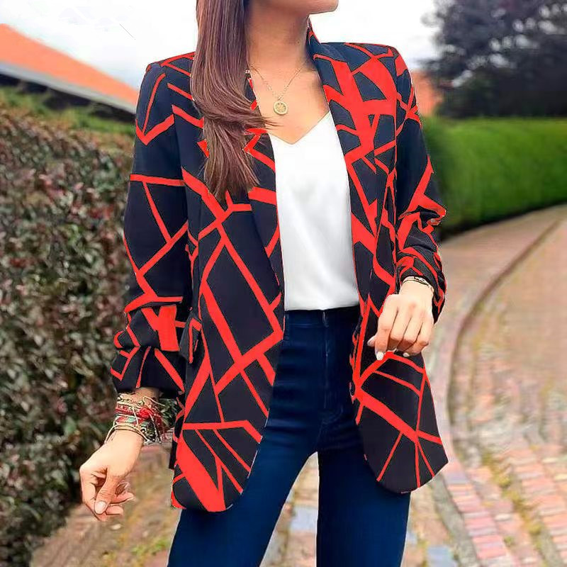 Saco Blazer Estampado Sin Botones de Poliéster Entallado Manga Larga para Mujer