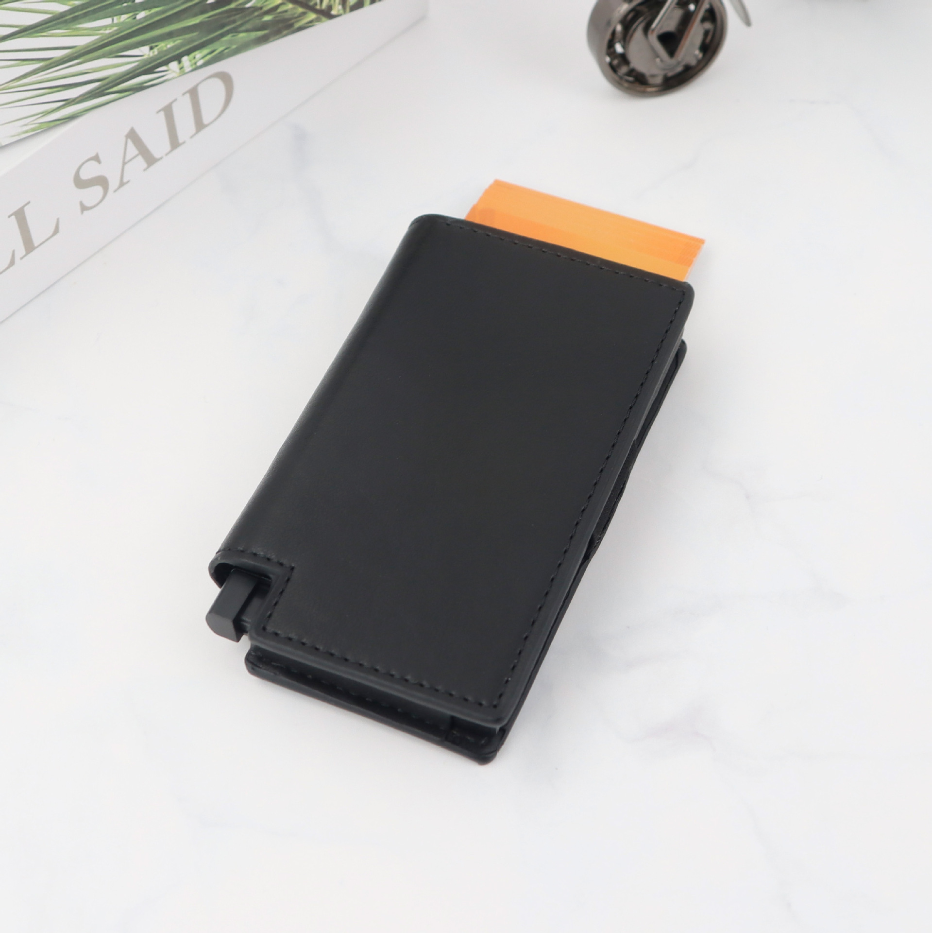 2025 nuevo cepillo antirrobo RFID multifuncional bolsa de tarjetas automática empuje hacia abajo tarjeta de bala billetera antimagnética bolsa de cartera pu transfronteriza