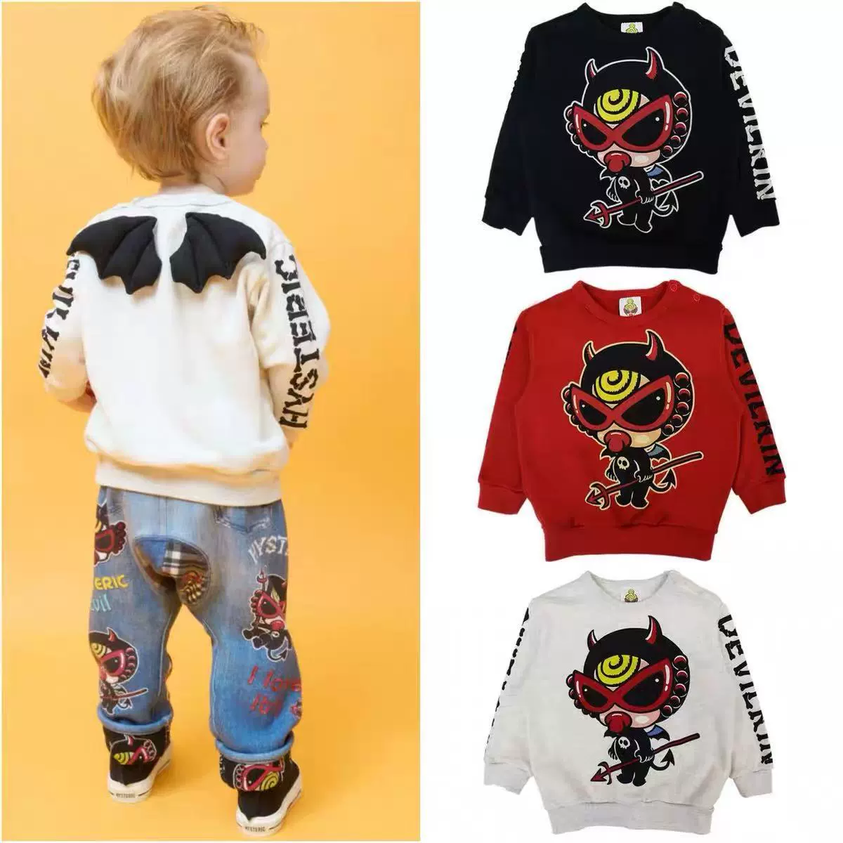 [Готово к продаже] Высокое качество 25-дюймовое чёрное супер 25 autumn and winter дьявольские крылья рисунок толстовка из флиса для мальчиков и девочек