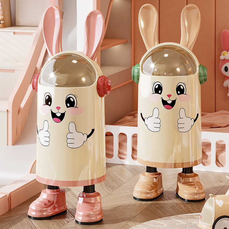 Creative Cartoon Trash Can with Flip Lid, High Aesthetic Rabbit Ears, Lid, Wheels, for Kitchen and Living Room, Trendy Large Double Bin