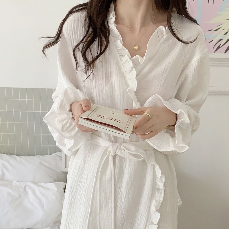 Korean Autumn New White Pure Cotton Gauze Robe Cardigan with Belt Comfortable Loose Sleep Robe Homecoming Dress with Hair Tie