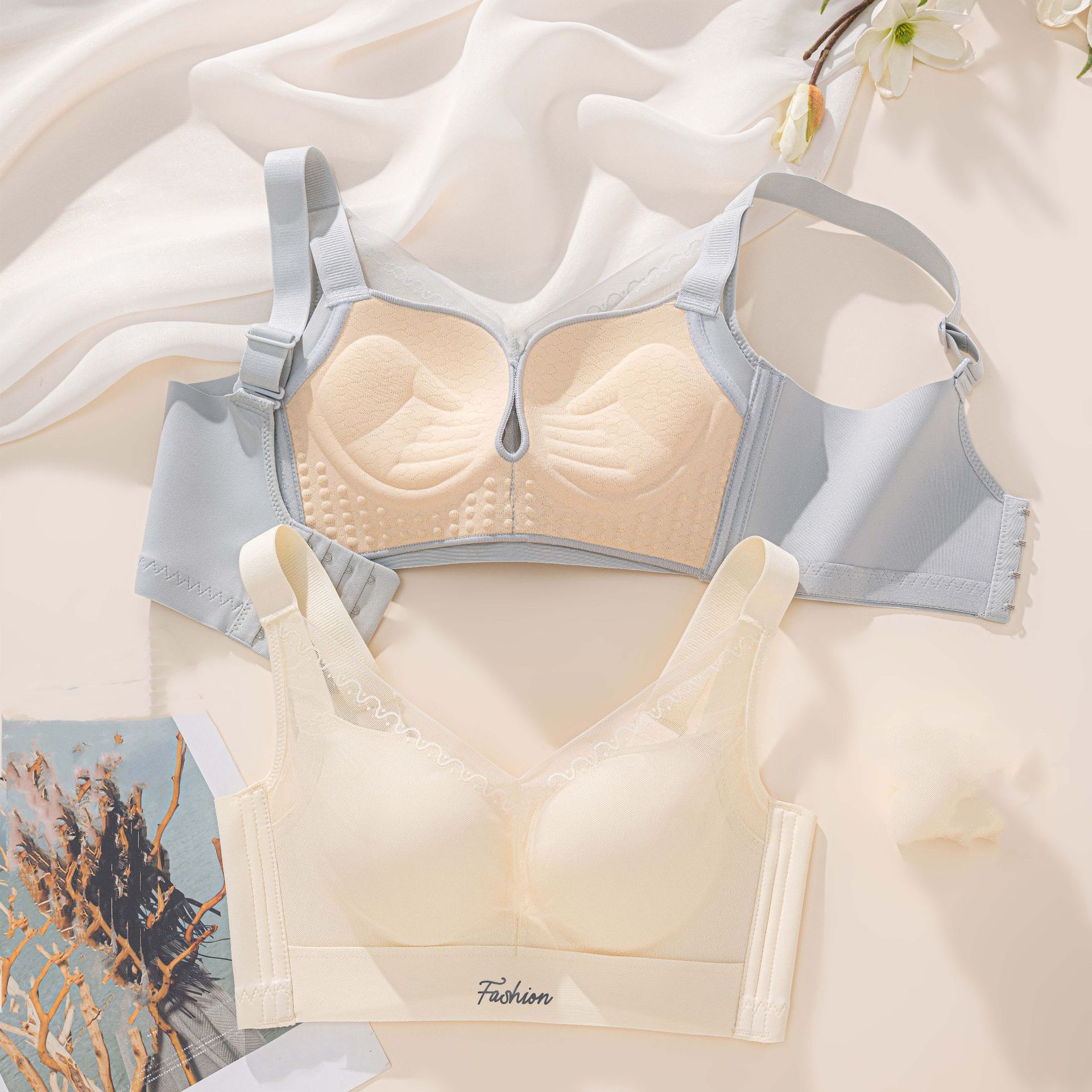 Side-closing big anti-sagging and gathering bra for small sub-mammary cups lace anti-expansion underwear for women without steel rings adjustable 