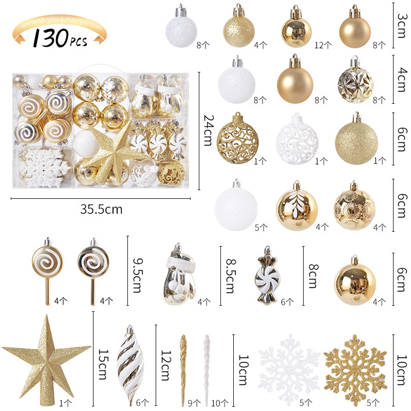 Cross-border Christmas Hanging 130 Set Ball Christmas Tree Electroplated Plastic Ball Painted Decoration Tree Top Star Christmas Ball