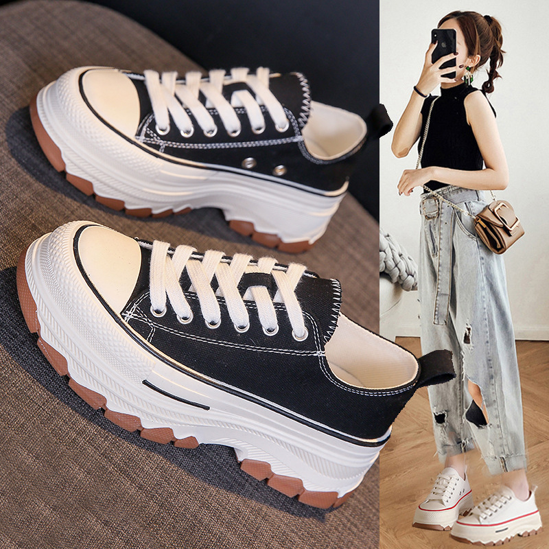 Spring Canvas Shoes for Women, Hong Kong Style Fashion White Sneakers, Student Thick-Soled Sports Shoes, Casual Versatile Ins-Style Lightweight Shoes
