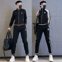 春季男士新款轻奢简约时尚百搭潮流修身透气针织弹力休闲运动套装