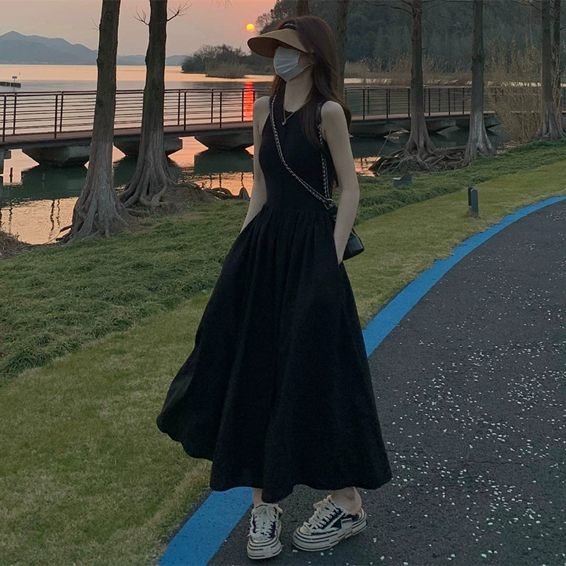 Черное платье с длинными рукавами для женщин, летняя новинка, весна и осень, жилет с талией во французском стиле Хепберн, длинная юбка без рукавов на подтяжках
