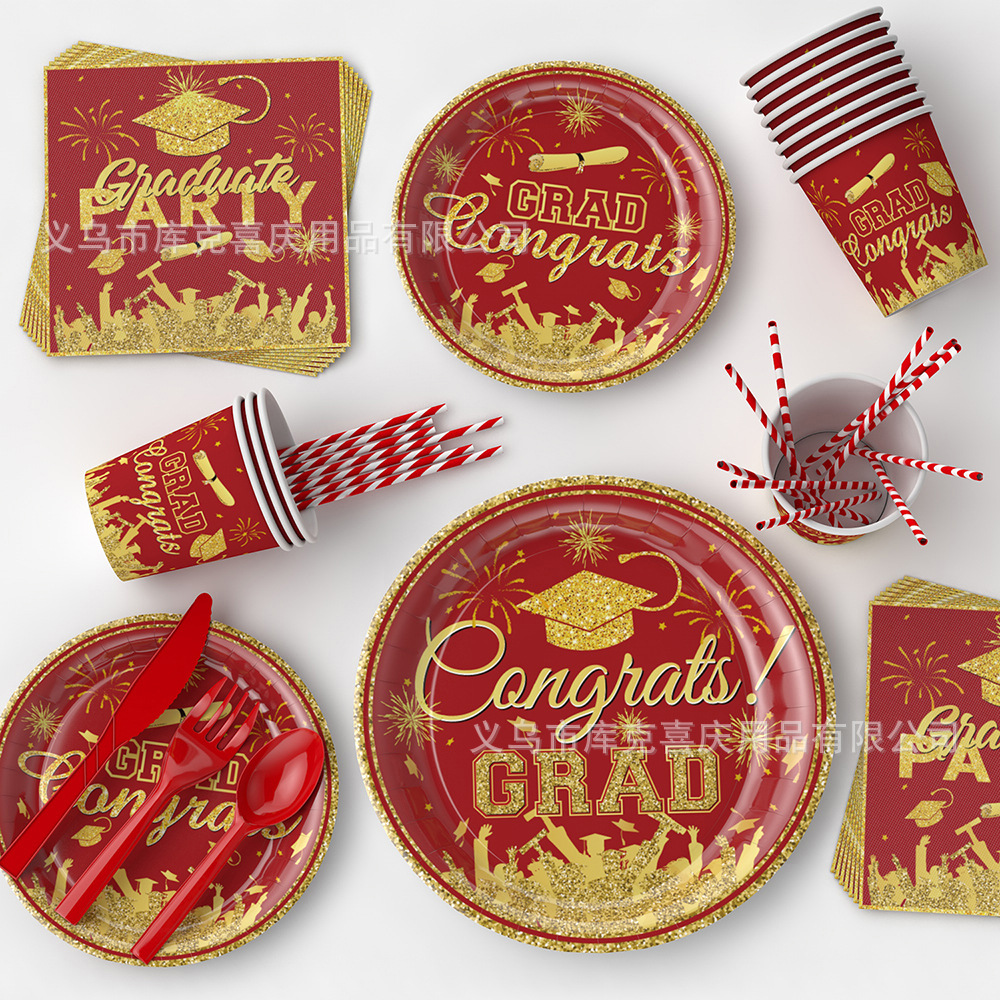 Amazon nuevo oro rojo graduación temporada tema Fiesta decoración plato de papel desechable taza de papel tire bandera decoración traje