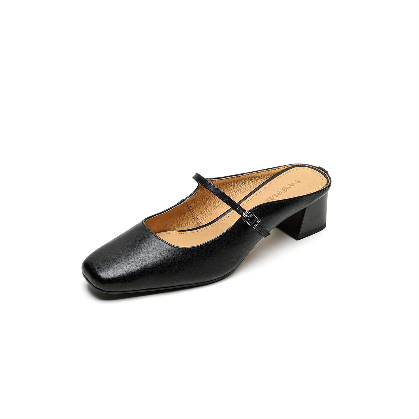 Sandal nữ quai ngang mũi vuông gót 4.5 cm da bò bít mũi hở gót — đen chi tiết 27