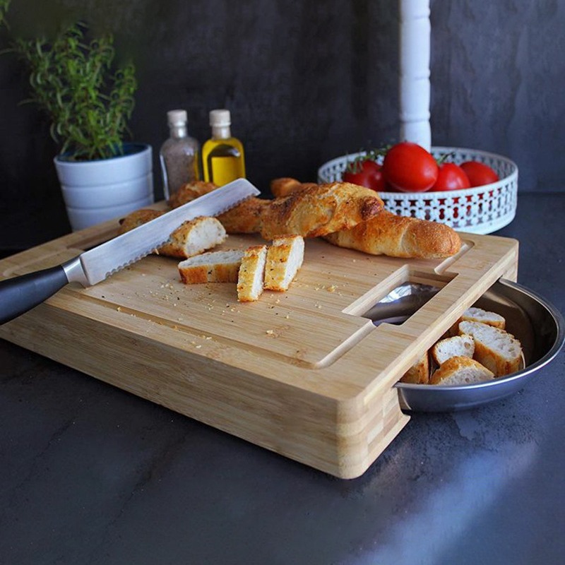 Tabla de cortar de bambú, tabla de cortar de frutas y verduras, tabla de verduras multifuncional creativa con recipiente de acero inoxidable, tabla de filete de bambú