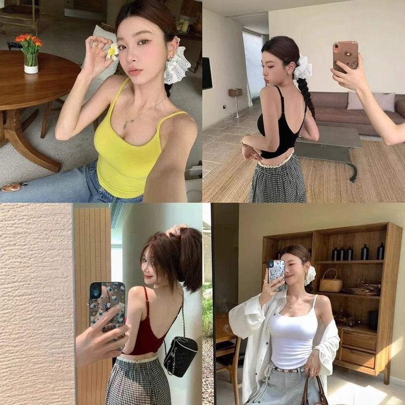 New Product Zhang Beibei Cross Backless Knitted Camisole with Breast Pads High Elastic Asymmetrical Pure Lust Beauty Back Top