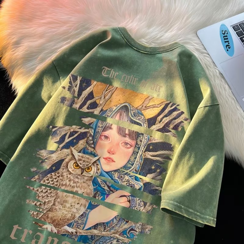 Camiseta de manga corta de algodón de la marca de moda de la calle alta estadounidense para hombres verano retro marea casual lavado viejo media manga guapo camiseta