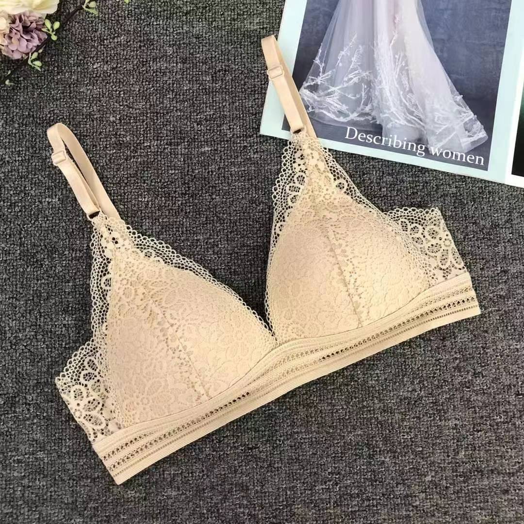 Bra de encaje del sudeste asiático, ropa interior de mujer, bra de copa triangular francesa, verano sin anillo de acero, copa delgada, algodón sexy y cómodo para la piel