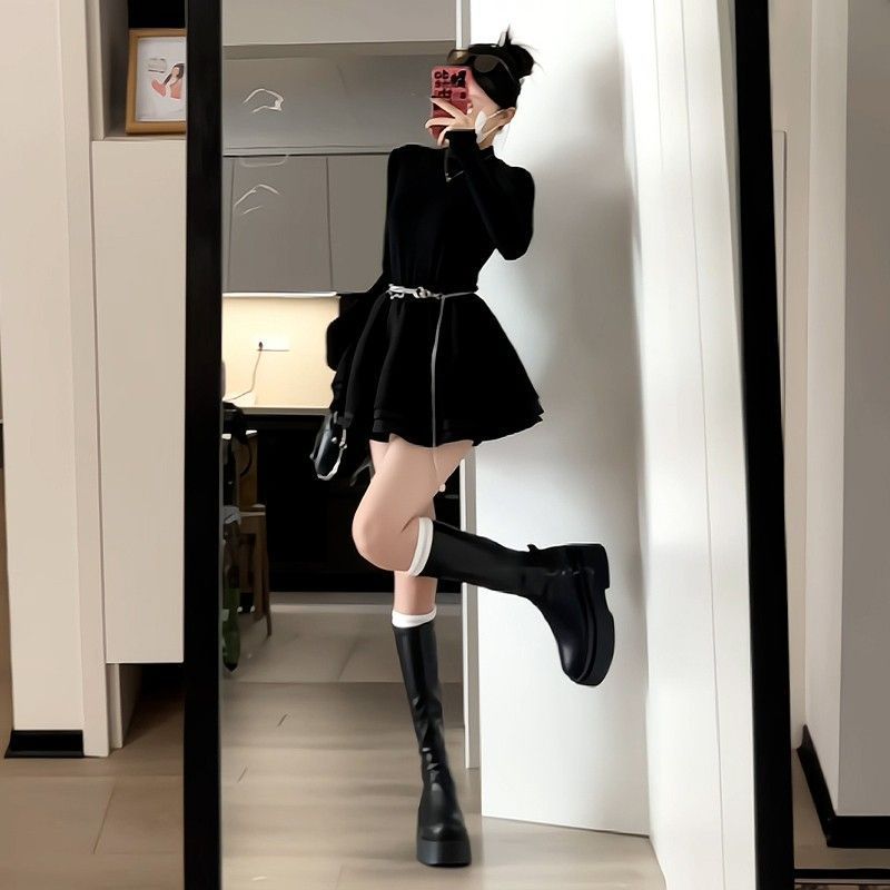 秋冬季半高领打底内搭显瘦小黑裙感气质千金公主蓬蓬连衣裙女装|undefined