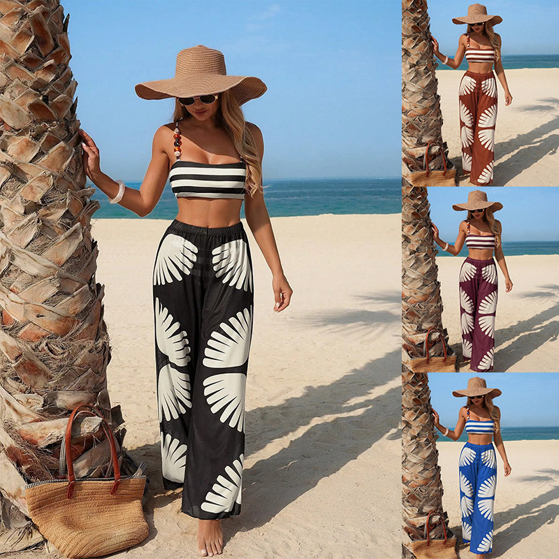 European and American cross-border women's swimwear Amazon striped quick-dry beach sunscreen long pants three-piece set split European and American stripes