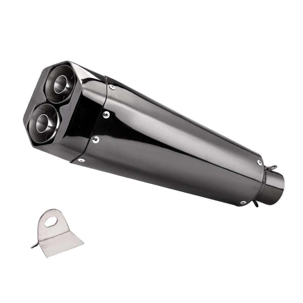 Motorcycle modification: Dual outlet stainless steel universal exhaust pipe tail section silencer, 51mm diameter, non-destructive installation