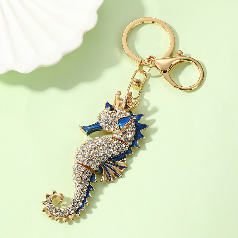 Luxury Creative Ocean Series Seahorse Rhinestone Metal Keychain Ring Car Backpack Key Pendant Wholesale_voghion.com