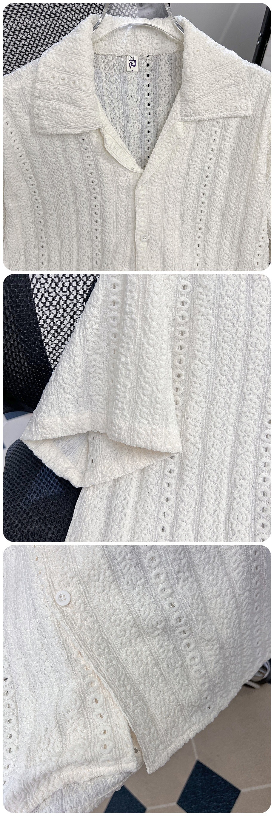 Men's Clothing Men's Thin Casual Cardigan Shirt Summer Trendy Loose Retro Cuban Collar Half Sleeve Wrinkle Resistant Hollowed Out Design_viptrois.com