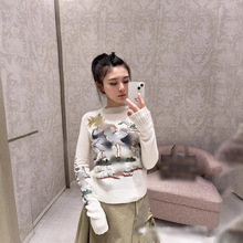 Dio高版本CD家25早秋新款丹顶鹤字母刺绣圆领长袖针织衫羊绒毛衣