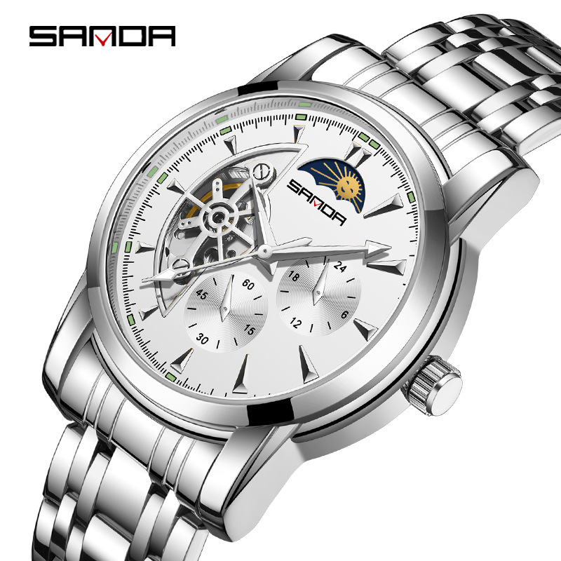 Sanda 7009 correa de acero para hombre reloj mecánico automático con 24 horas multifunción