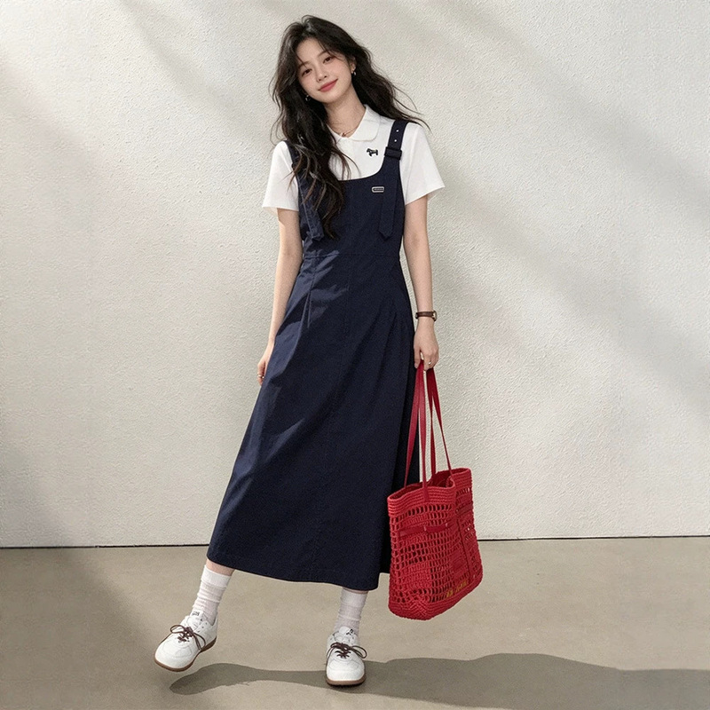 2026 Summer New Style Navy Blue Slimming Suspender Dress White T-Shirt Lapel Short-Sleeved Age-Reducing Two-Piece Set for Women