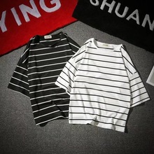 短袖t恤男青少年学生宽松大码上衣服韩版潮流黑白条纹半袖打底衫