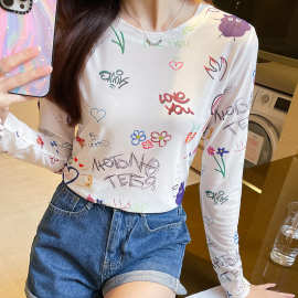 印花圆领长袖网纱打底上衣女2026夏季新款宽松百搭防晒衣休闲T恤