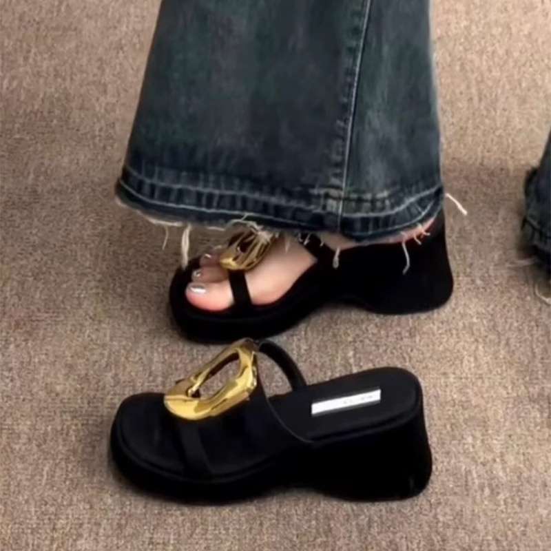 Small Platform Thick-Soled Heightening Metal Square Buckle Slippers for Women's Summer Outer Wear Design Wedge High-Heeled Sandals